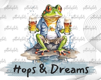 May include: Watercolor illustration of a green frog with orange eyes, wearing a blue shirt and holding two mugs of beer. The frog is sitting on a rock in water, with the words "Hops & Dreams" below.