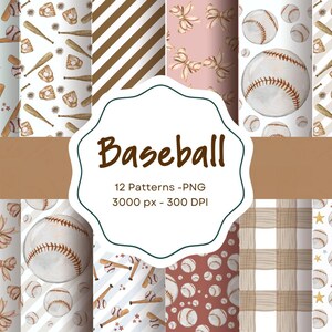 May include: A digital collection of 12 baseball-themed patterns in PNG format, featuring watercolor illustrations of baseballs, wooden bats, gloves, and bows in various arrangements, including stripes, gingham, and star motifs on light backgrounds.