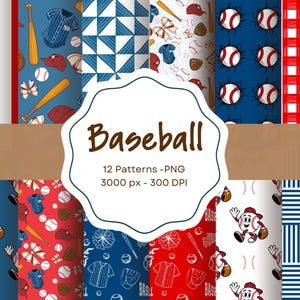 May include: A collection of 12 digital patterns featuring baseball themes, including baseballs, bats, gloves, jerseys, and checkered designs in red, white, and blue. The central label displays the text Baseball 12 Patterns -PNG 3000 px - 300 DPI.