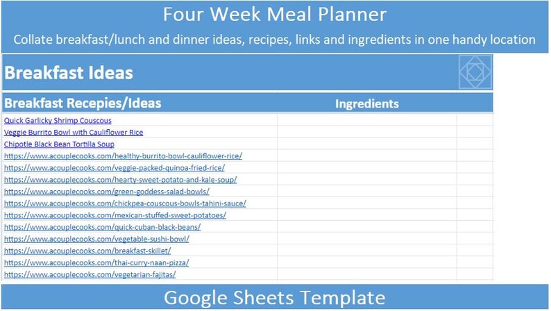 Four Week Meal Planner Template I Google Sheets I - Etsy