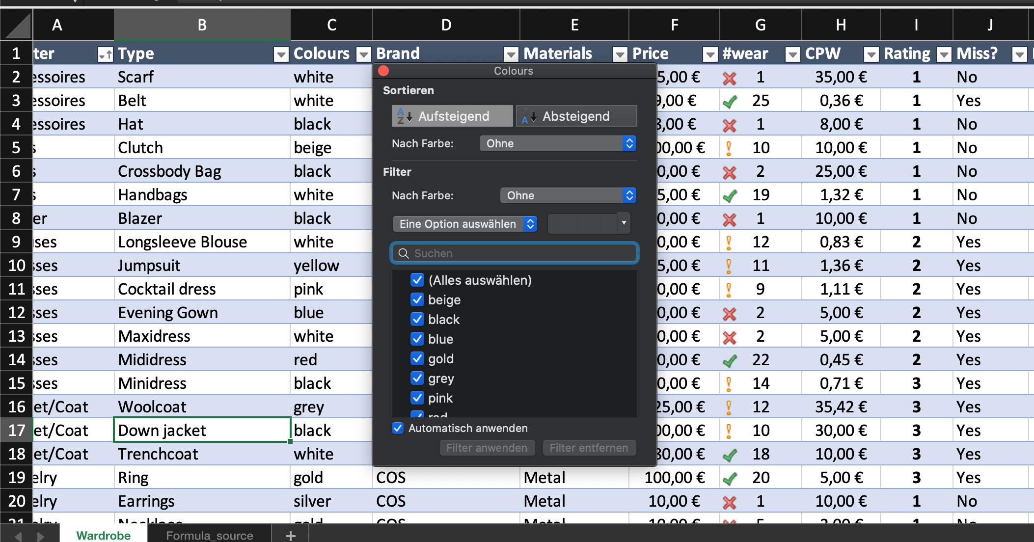 Excel Spreadsheet for Your Wardrobe Inventory Etsy