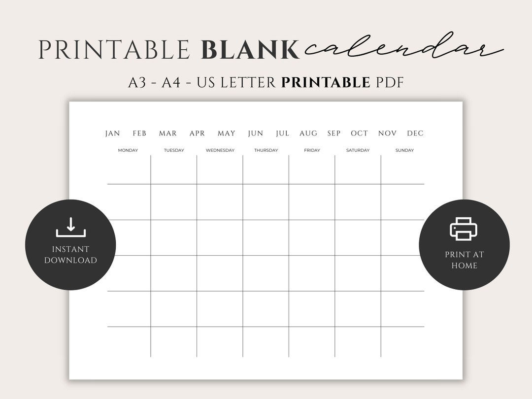 Buy Blank Calendar Printable No Year Calendar A4 A3 & US Letter Online ...