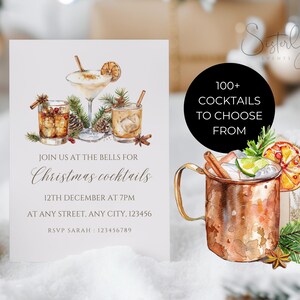Pu&ograve; includere: Un invito a una festa di Natale con un'illustrazione ad acquerello di cocktail e il testo "JOIN US AT THE BELLS FOR Christmas cocktails 12TH DECEMBER AT 7PM AT ANY STREET, ANY CITY. 123456 RSVP SARAH: 123456789 100+ COCKTAILS TO CHOOSE FROM"