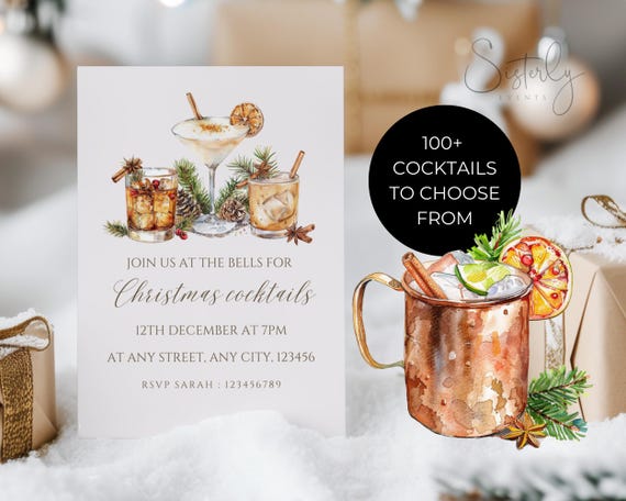 Christmas Cocktails Invitation Template, Christmas Party Invite, Cocktail Party, Festive Cocktails, Canna Template, Invitation Template #1