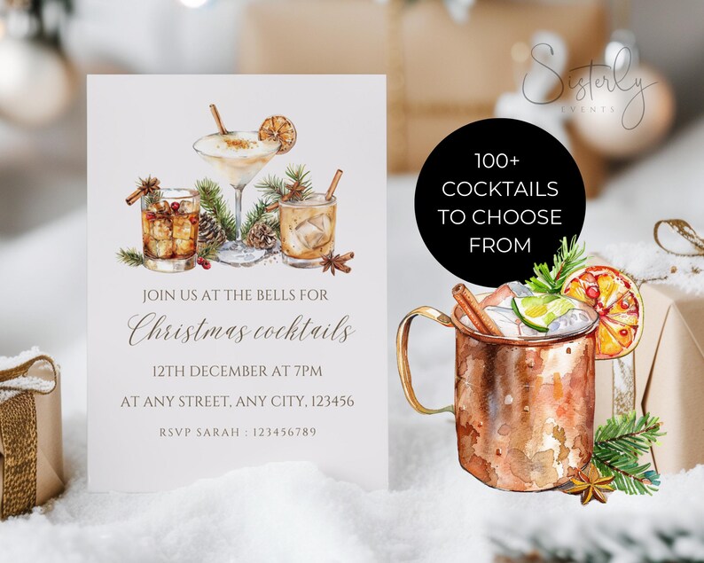 Pu&ograve; includere: Un invito a una festa di Natale con un'illustrazione ad acquerello di cocktail e il testo "JOIN US AT THE BELLS FOR Christmas cocktails 12TH DECEMBER AT 7PM AT ANY STREET, ANY CITY. 123456 RSVP SARAH: 123456789 100+ COCKTAILS TO CHOOSE FROM"