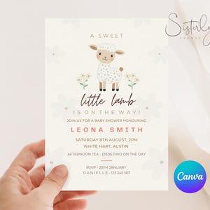 A sweet Little Lamb Baby Shower Invitation Template, Farm Baby Shower, Spring Baby Shower, Baby on the Way, Canva Template, Little Girl #06