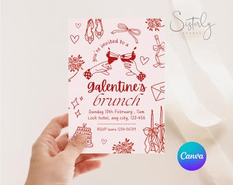 Galentine's Day Brunch Invitation Template, Girls Valentines Party, Pink Party Invite, Be my Valentine, Pink and Red, February 14th, #09