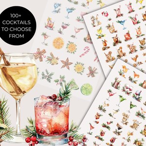 Pu&ograve; includere: Un set di tre illustrazioni ad acquerello con oltre 100 adesivi per cocktail. Gli adesivi presentano vari cocktail, tra cui un bicchiere di vino bianco con un bastoncino di cannella e una fetta d'arancia, un cocktail rosso con ghiaccio e una variet&agrave; di altri cocktail. Gli adesivi sono perfetti per aggiungere un tocco festivo ai tuoi lavoretti natalizi.