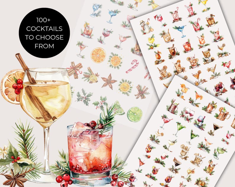 Pu&ograve; includere: Un set di tre illustrazioni ad acquerello con oltre 100 adesivi per cocktail. Gli adesivi presentano vari cocktail, tra cui un bicchiere di vino bianco con un bastoncino di cannella e una fetta d'arancia, un cocktail rosso con ghiaccio e una variet&agrave; di altri cocktail. Gli adesivi sono perfetti per aggiungere un tocco festivo ai tuoi lavoretti natalizi.