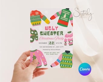 Modello di invito per maglione brutto, festa di Natale con maglione, Natale festivo, festa di lavoro con maglione natalizio, Canva, modificabile, Jumper Day, n. 100