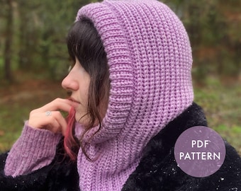 Balaclava Hood Crochet Pattern English Mellow Hood lockere ribbed hood with drawstring thick brim Fake knit stitch