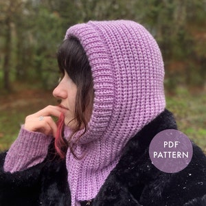 Balaclava Hood Crochet Pattern English Mellow Hood lockere ribbed hood with drawstring thick brim Fake knit stitch