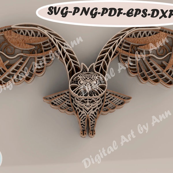 Multilayer owl mandala SVG Dxf Eps Ai Pdf décoration intérieure art mural, SVG, fichier pour découpeur laser, modèle multicouche, hibou 3d, découpe laser, cricut