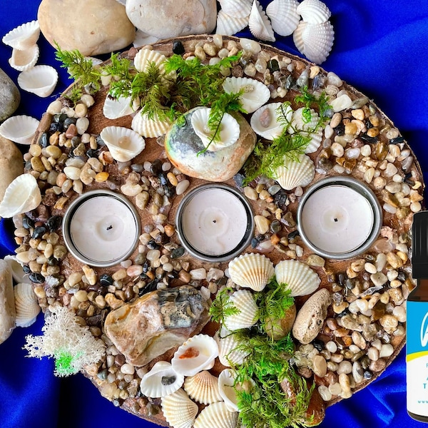 Shell candle holder, pebble beach candle lover gift, love mom birthday gift from daughter, moss candle holder centrepiece, moss art