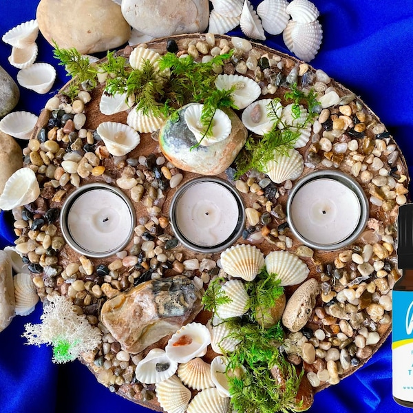 Shell candle holder wooden, pebble beach candle lover gifts, beach mom birthday gift from daughter, pebble candle holder table centerpiece