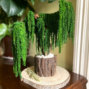 May include: An artificial weeping willow tree in a rustic wooden pot, filled with white stones. The tree has vibrant green foliage and is displayed on a wooden slice.