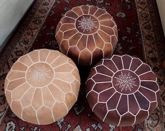 Puf marroquí hecho a mano, decoración moderna para el hogar, otomana redonda, puf otomana de cuero marroquí, cojín de suelo minimalista, sin relleno.