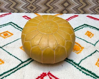 Pouf ottomano marocchino di lusso in pelle – Sgabello poggiapiedi in vera pelle realizzato a mano – Cuscino rotondo da pavimento.