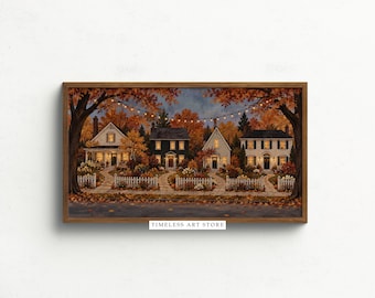 Moody Fall Frame TV Art, Cozy Autumn Village Digital Download