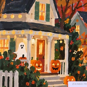 May include: An oil painting of a two-story house decorated for Halloween with a white ghost figure on the porch, orange jack-o'-lanterns on the steps, string lights, and autumn foliage. A black lamppost stands to the right of the house.