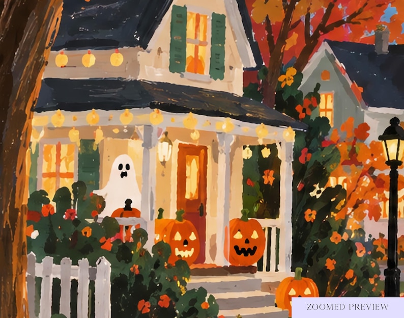 May include: An oil painting of a two-story house decorated for Halloween with a white ghost figure on the porch, orange jack-o'-lanterns on the steps, string lights, and autumn foliage. A black lamppost stands to the right of the house.
