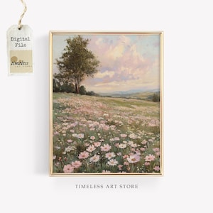 Spring Meadow Landscape | Vintage Country Field Wall Art | Printable Digital Download | Farmhouse Decor | Soft Floral Pastel Artwork
