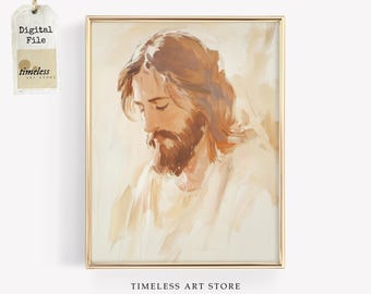 May include: A framed digital art print featuring a painterly portrait of a man with long brown hair and a beard, rendered in soft beige and cream tones. A hanging tag is attached to the top left corner with the text Digital File Timeless Art Store.