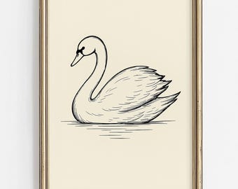 Vintage Swan Wall Art | Minimalist Bird Sketch Digital Download | Cottagecore Nursery Printable | Rustic Neutral Artwork | Boho Decor