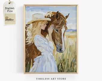 Cowgirl Chic Wall Art | Western Ranch Aesthetic Painting | Romantic Country Girl Print | Rustic Horse Lover Decor | Boho Farmhouse Art