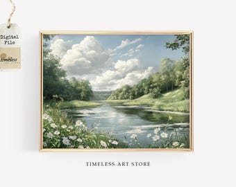 Serene Spring Landscape | Botanical Meadow Wall Art | Peaceful River Scene | Nature Digital Painting | Downloadable Art
