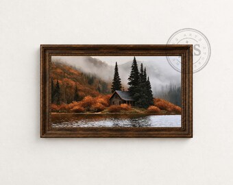 Autumn Frame TV Art, Fall Lakeside Cabin and Misty Mountain Landscape, Digital Download