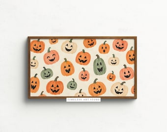 May include: A rectangular framed wall art print featuring a repeating pattern of various jack-o'-lanterns in shades of orange, cream, and muted green on a light background. The text "TIMELESS ART STORE" is printed in a small white box at the bottom.