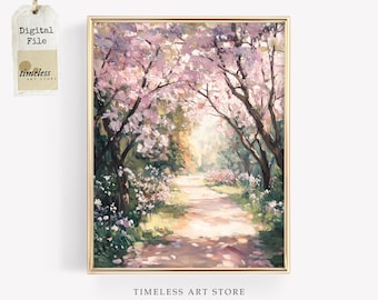 Cherry Blossom Wall Art | Spring Forest Landscape | Pink Floral Digital Download | Cottagecore Easter Decor | Vintage Farmhouse Artwork