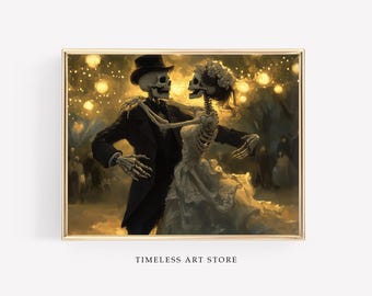 Whimsical Halloween Printable Wall Art | Romantic, Vintage Halloween Skeletons Print | Funny, Spooky Skeletons Dancing | Fall Home Decor