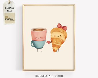 Valentine’s Day Coffee and Croissant Art Print | Cute Pastel Breakfast Illustration | Whimsical Love-Themed Kitchen Wall Decor