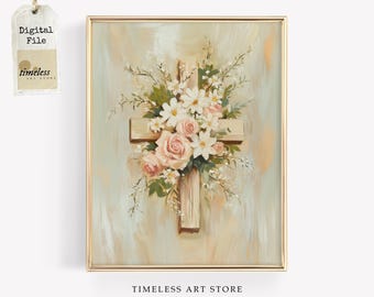 Arte cristiano de pared / Descarga digital de cruz floral / Obra de arte religiosa de Pascua / Decoración cristiana vintage / Arte de Jesús imprimible