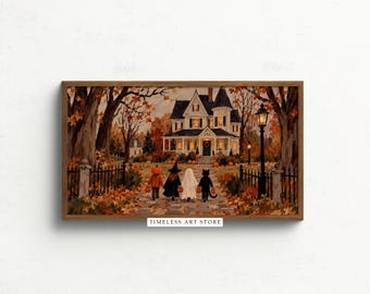 Halloween Trick or Treat Frame TV Art, Autumn Haunted House Digital Download