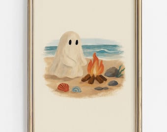 Beach Ghost Art | Cute Halloween Wall Decor | Coastal Fall Printable | Spooky Ocean Campfire Illustration | Halloween Art Download