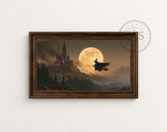 Flying Witch Halloween Frame TV Art, Full Moon and Gothic Castle, Digital Download