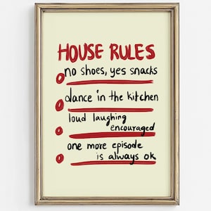 Sztuka ścienna House Rules | Zabawne mieszkanie do pobrania w wersji cyfrowej | Plakat do wydrukowania w akademiku | Uroczy wystrój domu | Modny nadruk z typografią wózka barowego