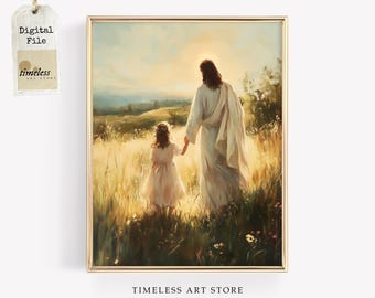 Jesus And Girl Wall Art | LDS Art Digital Download | Modern Christian Painting | Bible Wall Decor | Jesus With Children | Savior Printable