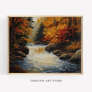 Stimmungsvolle rustikale Herbstlandschaftskunst | Herbstlaub Art Home Decor | Herbst Wasserfall Druck | Vintage gemütliches Herbst Poster | Druckbare Kunst