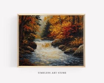 Moody Rustic Fall Landscape Art | Fall Foliage Art Home Decor | Autumn Waterfall Print | Vintage Cozy Fall Poster | Printable Art