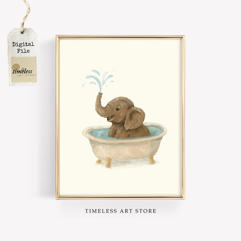 Cute Elephant in Bathtub Art: Kids Bathroom Wall Art, Nursery Decor ...