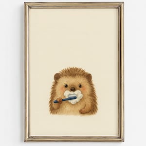 May include: A framed illustration of a brown hedgehog brushing its teeth with a blue toothbrush and white toothpaste.