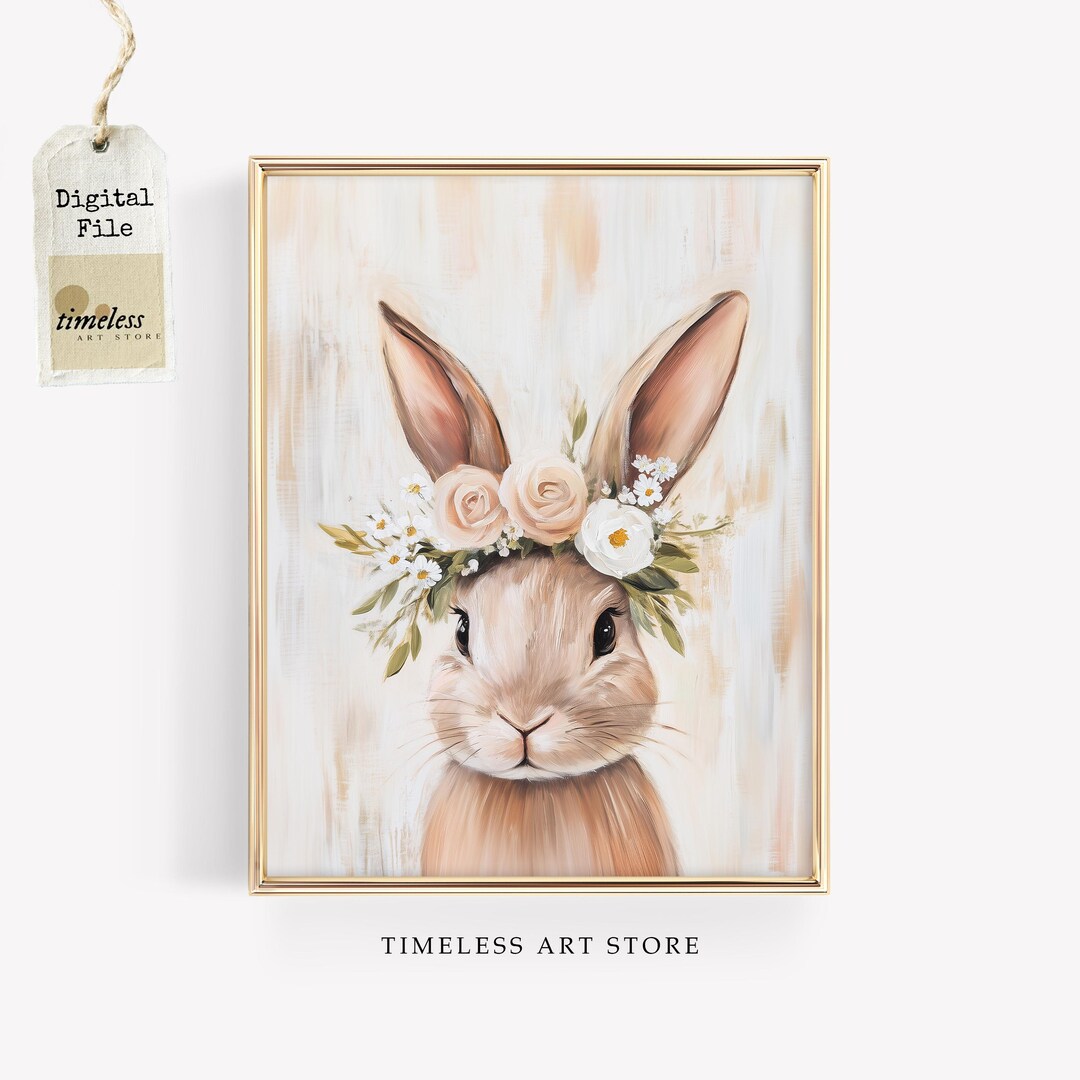 Spring Paintings Rabbit Spring Bunny Artwork | Easter Digital Download | Floral Crown Rabbit ...