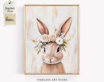 Spring Bunny Artwork | Easter Digital Download | Floral Crown Rabbit Painting | Nursery Wall Art | Cottagecore Decor | Vintage Spring Decor