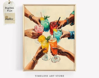 Vintage Style Cheers Art | Retro Bar Cart Art | Colorful Cocktails Bar Cart Decor | Trendy Kitchen Wall Art | Digital Print