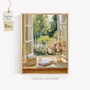 Ventana abierta vintage con rosas / Arte interior rústico en tonos pastel / Escena de jardín de cabaña acogedora / Arte mural sereno y coqueto / Impresión de decoración floral para el hogar