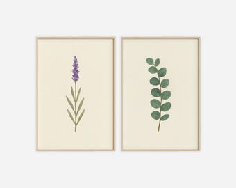 Lavender And Eucalyptus Wall Art Set Of 2 | Botanical Herb Prints | Minimalist Digital Download | Calm Green And Purple Printable Decor